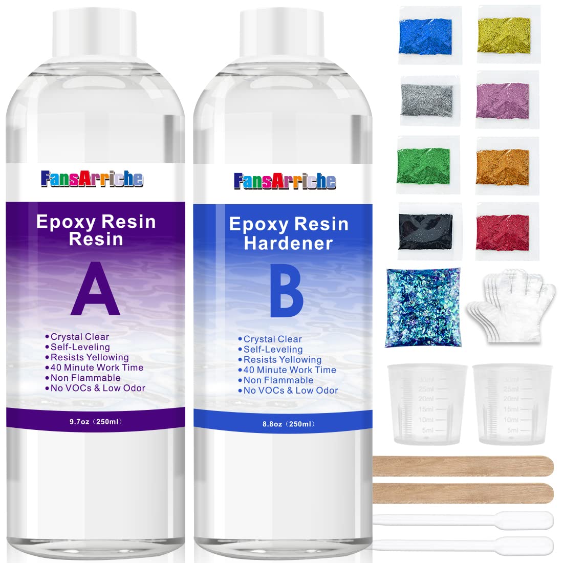 Résine Époxy Transparente Kit Complet 500ml 1:1 Ratio Cristalline - Pour Moulage Bijoux, Revêtement Table & Décoration A